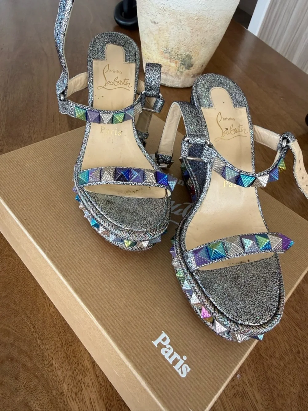 Christian Louboutin Metallic Multicolor Pyramid-Stud Platform Sandals - Picture 2 of 7